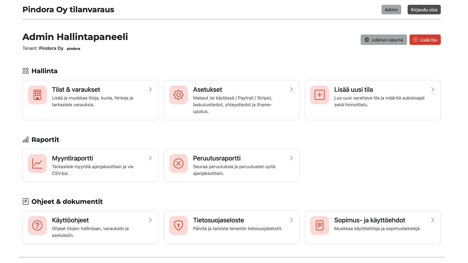 Pinbook hallintapaneelin yleisnäkymä